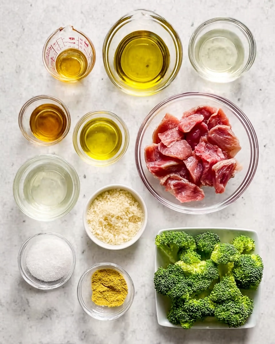 The image shows several small clear glass bowls filled with different cooking ingredients, all arranged neatly on a white marbled surface. In the center, there is a bowl with thin slices of raw meat in red and pink shades. Around it, there are clear glass measuring cups containing light yellow oil, clear water, and a light brown liquid. Smaller glass bowls hold white granulated sugar, grated light yellow ginger, bright yellow mustard powder, and minced garlic. On a small white rectangular plate to the right, there are fresh green broccoli florets. The colors are natural and fresh, the texture of the meat is smooth and moist, and the liquids are clear and shiny. photo taken with an iphone --ar 4:5 --v 7