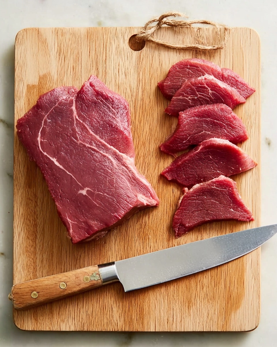 A wooden cutting board placed on a white marbled surface holds a piece of raw red meat with light marbling. On the right side of the meat, there are four thin slices of the same raw red meat arranged in a row from bigger to smaller. Below the slices lies a large knife with a silver blade and a wooden handle resting diagonally on the board. The overall tones are natural wood and deep red meat colors, with clear texture details on the meat and cutting board. photo taken with an iphone --ar 4:5 --v 7