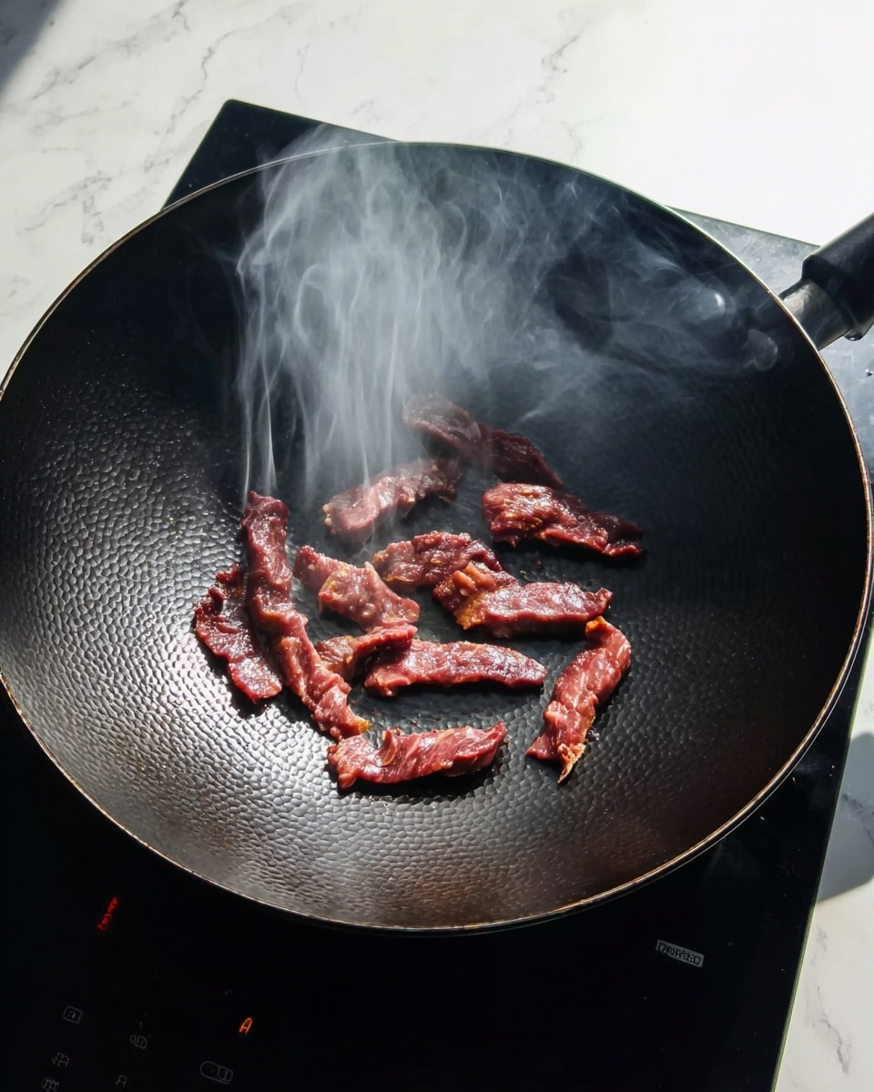 A black wok with a textured surface holds several uneven strips of red-brown meat that are cooking and surrounded by thin white smoke rising upwards. The wok sits on a black induction stove, placed on a white marbled surface. Photo taken with an iphone --ar 4:5 --v 7