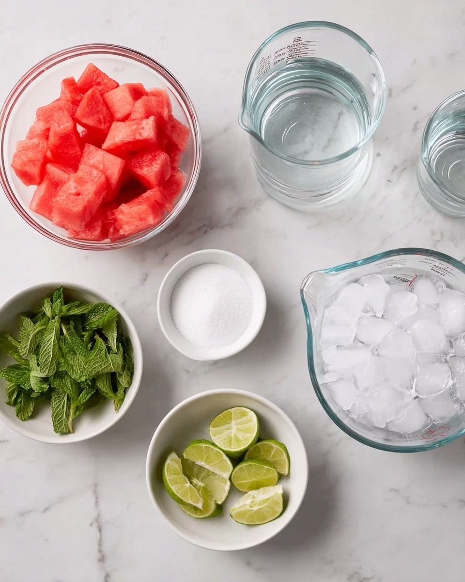 The image shows six bowls and measuring cups arranged on a white marbled surface. In the top left, there is a clear glass bowl filled with red watermelon cubes, showing their juicy texture. Below it, a small white bowl holds white granulated sugar. Next to the sugar bowl, a glass measuring cup contains clear water. In the center, a small white bowl has fresh green mint leaves. On the right side, two large glass measuring cups are filled with clear ice cubes. At the bottom right corner, a small white bowl contains five lime slices showing the light green and textured inside. The setup appears neat and bright, with a clean and simple look. photo taken with an iphone --ar 4:5 --v 7