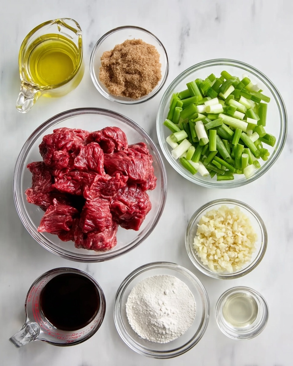 The image shows eight small clear glass bowls and three small clear glass measuring cups arranged neatly on a white marbled surface. The top right bowl holds red raw sliced meat. Below it, a bowl filled with bright green chopped scallions is placed. To the left of the scallions, there is a bowl of light brown sugar. Below the sugar bowl is a measuring cup containing pale yellow cooking oil. Opposite the oil on the right, a bowl holds white powder, likely cornstarch or flour. Next to the bowl with white powder are two small bowls, one filled with minced white garlic and the other with grated yellow ginger. Another small bowl contains a small amount of clear liquid, probably vinegar. The bottom left corner shows a measuring cup with clear water, and above it, a measuring cup filled with dark soy sauce. All the items are arranged clearly, with their colors and textures easy to see, on a white marbled background photo taken with an iphone --ar 4:5 --v 7