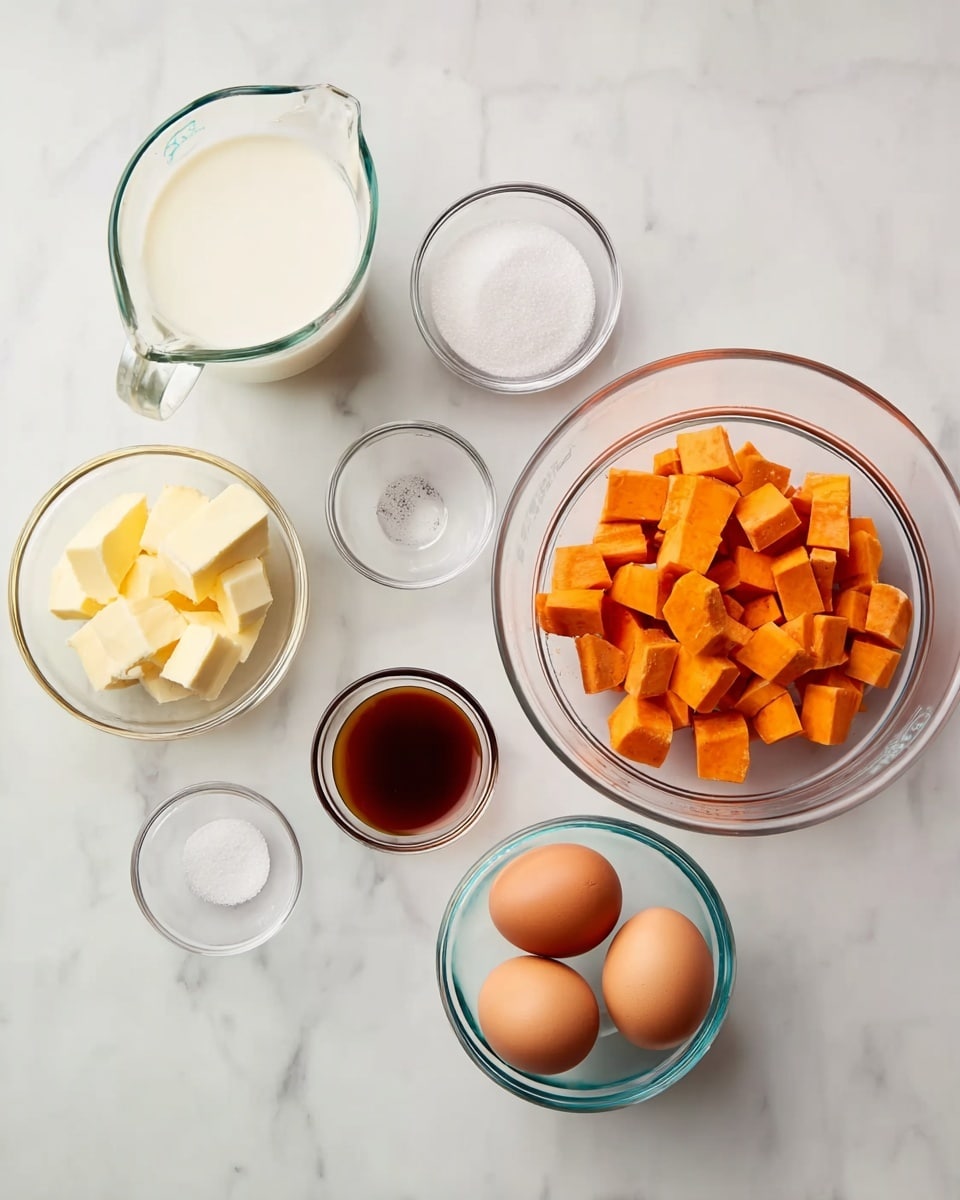 The image shows seven glass bowls and a glass measuring cup arranged on a white marbled surface. On the right side, a large clear bowl is filled with small, orange cubed sweet potatoes. In the center, there is a medium clear bowl with white granulated sugar and a small clear bowl with white salt beside it. Above these bowls, a glass measuring cup contains a white liquid, likely milk or cream. To the left, a small bowl holds light yellow butter chunks, and below it, a small bowl contains dark amber vanilla extract. In front of the vanilla extract bowl, a clear bowl holds two brown eggs. The items are neatly spaced and look ready for cooking. photo taken with an iphone --ar 4:5 --v 7
