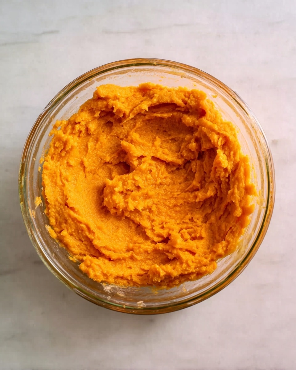 A clear glass bowl on a white marbled surface holds a single thick layer of bright orange mashed mixture. The texture is slightly chunky and creamy, with some small lumps visible throughout. The surface of the mash has uneven swirls and slight glossy spots, showing a moist consistency. photo taken with an iphone --ar 4:5 --v 7