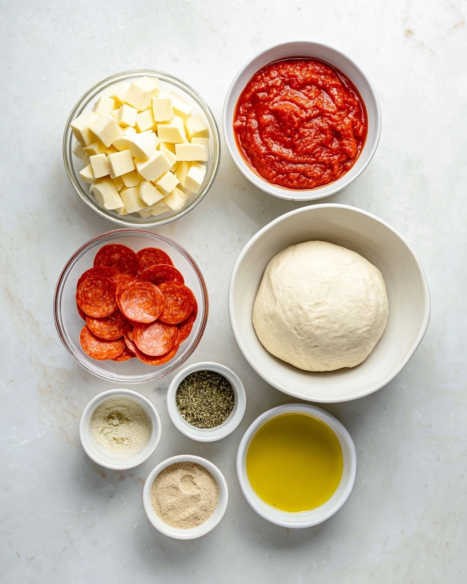 A top view of seven containers arranged on a white marbled surface, each holding pizza ingredients: at center bottom, a clear bowl filled with yellow cheese cubes; direct center, a clear bowl with smooth, pale dough; top center, a white bowl with chunky red tomato sauce; top left, a white bowl with thin semi-circular slices of reddish pepperoni; top right, a small clear bowl with golden olive oil; bottom left, a small white bowl with green dried herbs; and next to it, a small white bowl with light brown garlic powder. Photo taken with an iphone --ar 4:5 --v 7