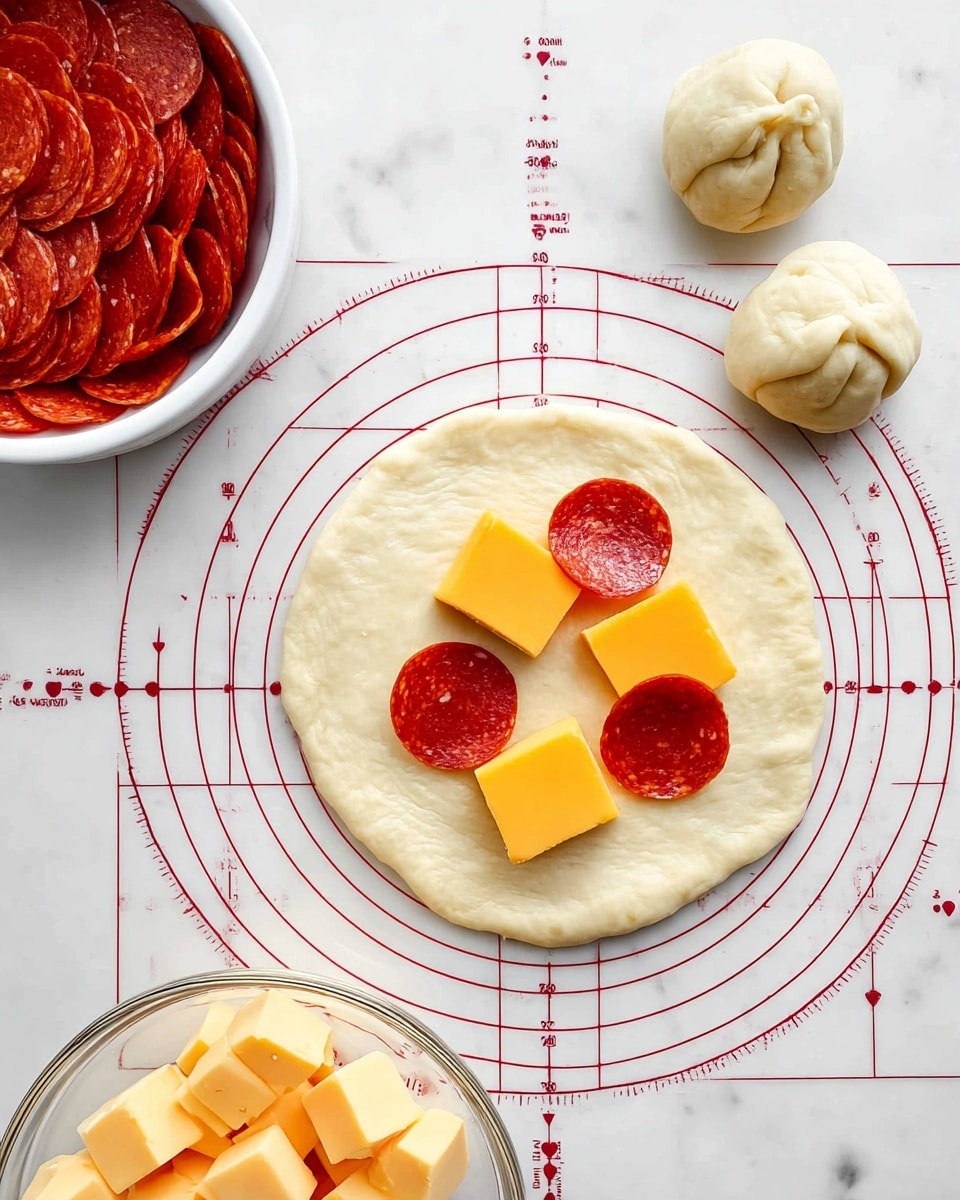 The image shows a flat round dough piece with two squares of yellow cheese and several thin red slices of pepperoni placed in the center. Around it, there are three small dough balls, folded and shaped, resting on a white marbled surface with red and black measurement lines and dots. In the bottom left corner, a white bowl filled with sliced red pepperoni is visible, and in the bottom center, a clear glass bowl with more yellow cheese cubes can be seen. The overall scene is bright with a clean, organized look. photo taken with an iphone --ar 4:5 --v 7