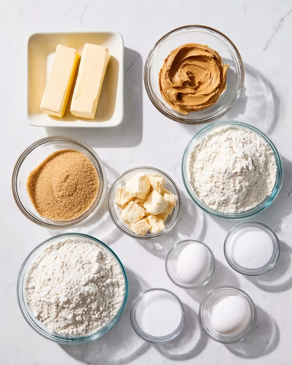 The image shows nine clear glass bowls and one white rectangular dish, each holding different baking ingredients arranged neatly on a white marbled surface. Starting from the top left, the white dish has two sticks of pale yellow butter, spaced apart. Next to it on the right, a small bowl holds a thick scoop of creamy brown peanut butter. To the right of the peanut butter, a large bowl is filled with white flour with a few cracks on the surface. Below the butter, a medium bowl contains light brown sugar with a soft, crumbly texture. In the center below, a medium bowl is full of white granulated sugar. To the right of that, a smaller bowl holds two whole white eggs. On the far right, three small bowls contain white baking soda, salt, and baking powder, placed in that order from bottom to top. Soft shadows fall naturally around the bowls. Photo taken with an iphone --ar 4:5 --v 7