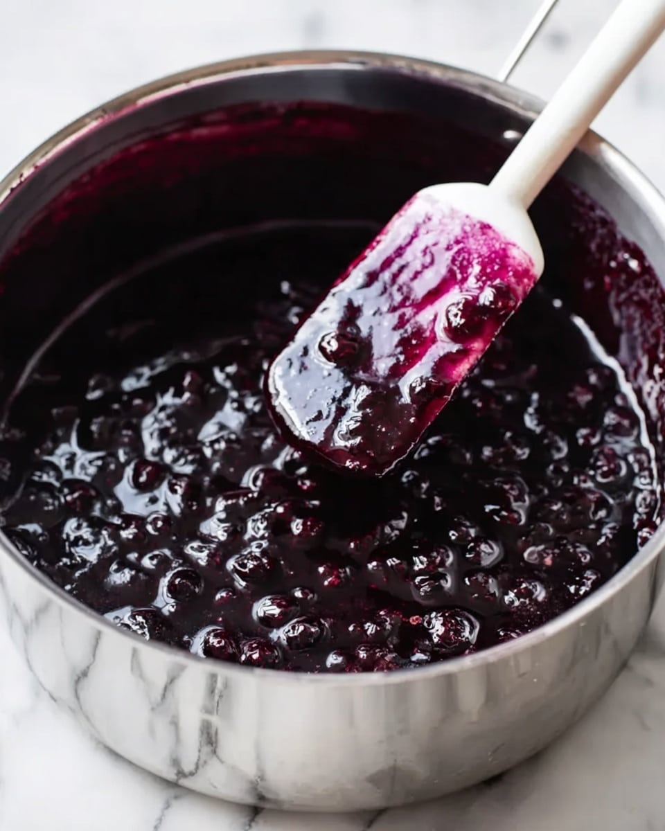 A close-up image of a shiny silver pot filled with a thick, dark purple sauce with visible whole berries throughout. A white and purple spatula is partially dipped in the sauce, covered in the same dark purple mixture. The pot sits on a white marbled surface. Photo taken with an iphone --ar 4:5 --v 7