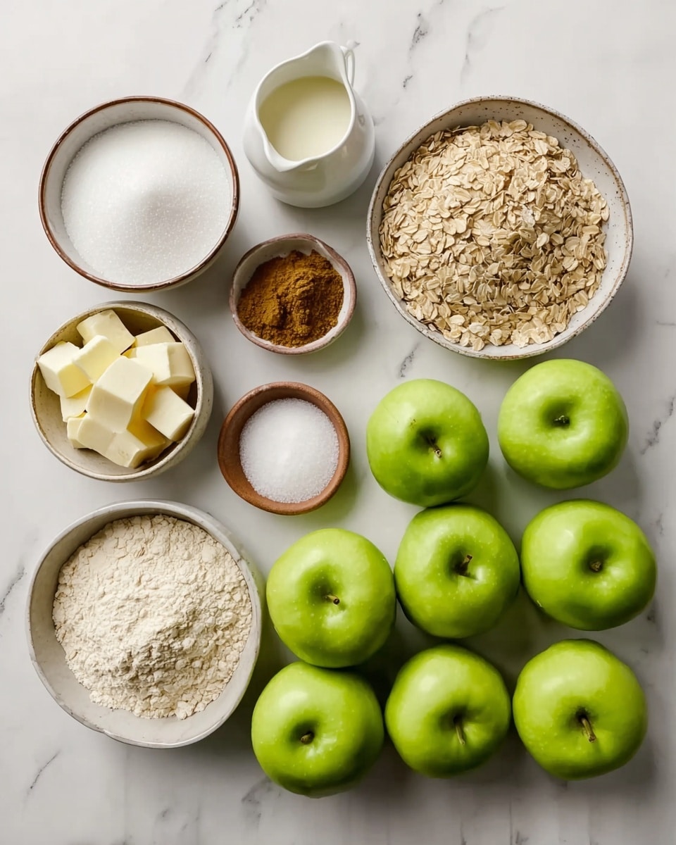 The image shows ingredients neatly placed on a white marbled surface. There are ten bright green apples grouped on the right side, their shiny skin smooth and fresh. On the left are various white and brown bowls and dishes filled with different ingredients: a bowl of white sugar, a bowl of light brown sugar, a bowl of rolled oats, a bowl of flour, and small dishes holding butter cubes, cinnamon, salt, baking powder, and a small glass pitcher of milk or cream. All containers are white or brown with a natural look, and the arrangement is clean and organized, making the ingredients easy to see and ready to start baking. photo taken with an iphone --ar 4:5 --v 7