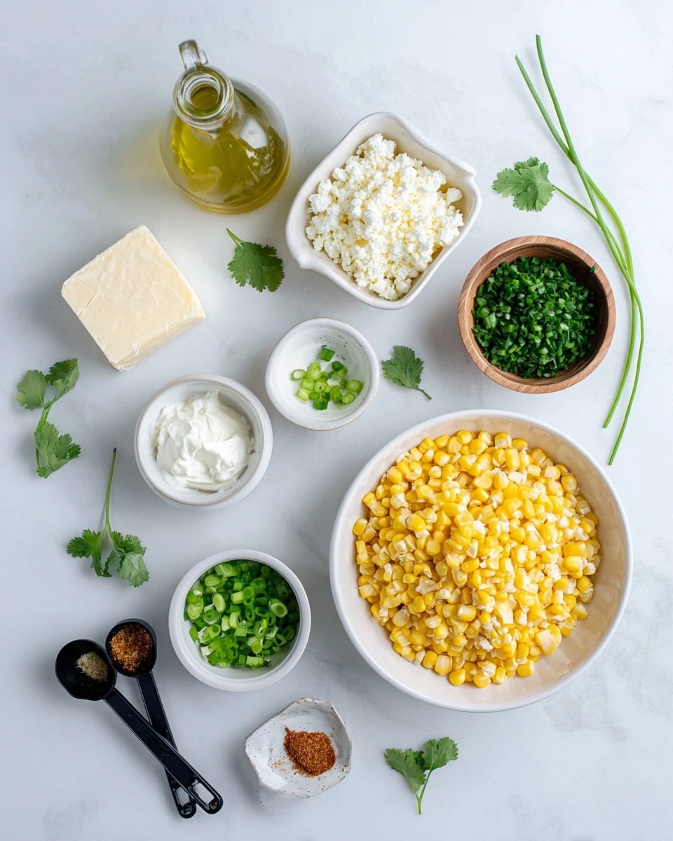 The image shows an overhead view of various ingredients arranged neatly on a white marbled surface. There are six small containers and measuring spoons: a large white bowl filled with bright yellow corn kernels at the bottom right, a small white bowl filled with white crumbly cheese at the top left, another small white bowl with light green chopped green onions at the center right, and a different small white bowl with darker green chopped green onions in the center left. A wooden bowl filled with chopped green cilantro is at the top right. An oval glass bottle of light yellow olive oil is positioned near the top left, with a cube of creamy white cheese placed below it. There are two black measuring spoons scattered, one with a reddish-brown spice mixture at the right and one with sour cream at the bottom left. Fresh cilantro leaves are scattered around the layout for decoration. The arrangement is simple and clean, with all bowls and items contrasting well with the white marbled texture. Photo taken with an iphone --ar 4:5 --v 7
