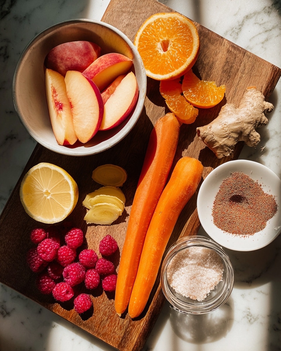 The image shows a wooden board with various fresh ingredients laid out in bright natural light. At the top left, there is a white bowl filled with several peach slices with soft pink and cream tones. To the right of the bowl, there are peeled orange segments in a small pile next to an unpeeled orange. Two long, smooth carrots with green tops lie diagonally across the center of the board, their bright orange color contrasting with the rest. Below the carrots, there is a lemon half with a bright yellow interior, and a few pale yellow ginger slices placed nearby. A small cluster of red raspberries is positioned at the bottom left corner, adding a pop of rich red color. To the right, a small white plate holds mixed brown spices in powdered form. Next to it, a glass jar contains some white grains, possibly sugar or salt. The entire scene is set on a white marbled textured surface with strong sunlight creating soft shadows. photo taken with an iphone --ar 4:5 --v 7