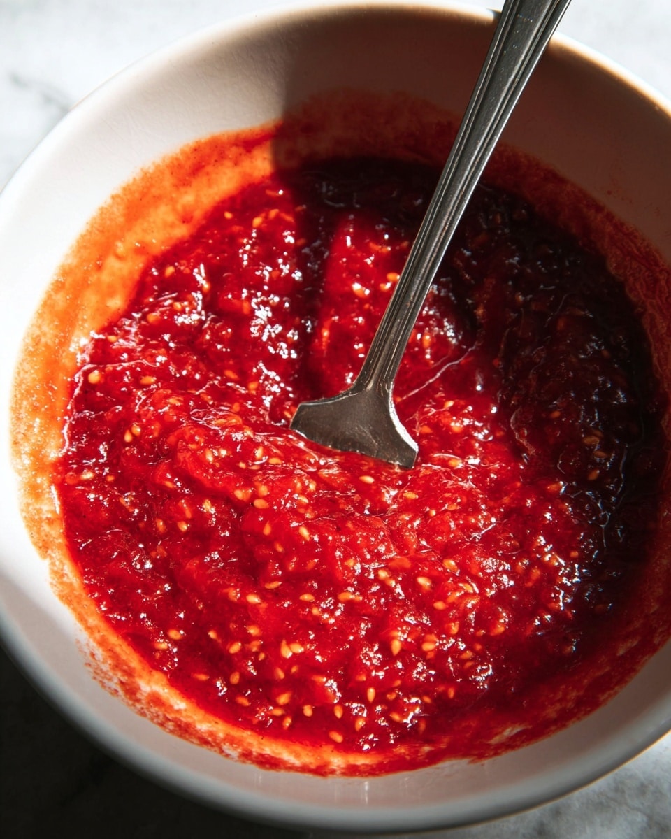 A close-up view of a white bowl filled with a bright red, chunky sauce that has visible small seeds and a thick texture. The sauce covers the bottom of the bowl and some sauce splashes dot the inner sides. A silver fork rests inside the bowl, partially submerged in the sauce, with light reflecting off its metal surface. The background shows a white marbled texture that complements the bowl. The lighting creates strong shadows, adding depth and shine to the sauce and fork. Photo taken with an iphone --ar 4:5 --v 7