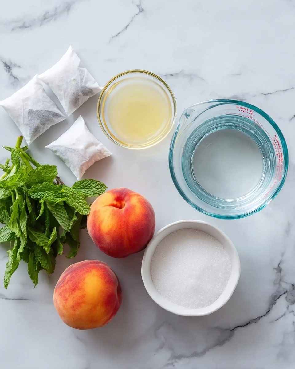 The image shows fresh peaches with soft orange and red colors placed on a white marbled surface, along with three tea bags with white paper covers on the left side. A small glass bowl filled with light yellow liquid sits next to a bunch of fresh green mint leaves. Below these is a larger white bowl filled with white granulated sugar. To the right, there is a clear glass measuring cup with water inside, showing a clean and transparent look. The whole setup is clean and bright, placed neatly on the white marbled texture. photo taken with an iphone --ar 4:5 --v 7