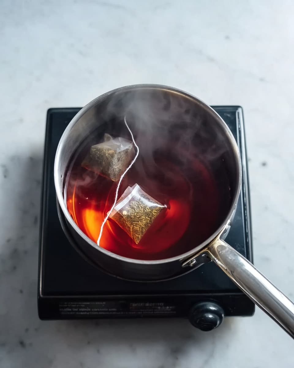 A silver pot sits on a black electric stove with a white marbled surface beneath. Inside the pot, there is dark red liquid with two tea bags steeping; their strings and tags hang slightly over the edge. Steam rises from the pot, showing the liquid is hot. The pot handle extends to the right side, resting on the white marbled surface. Photo taken with an iphone --ar 4:5 --v 7