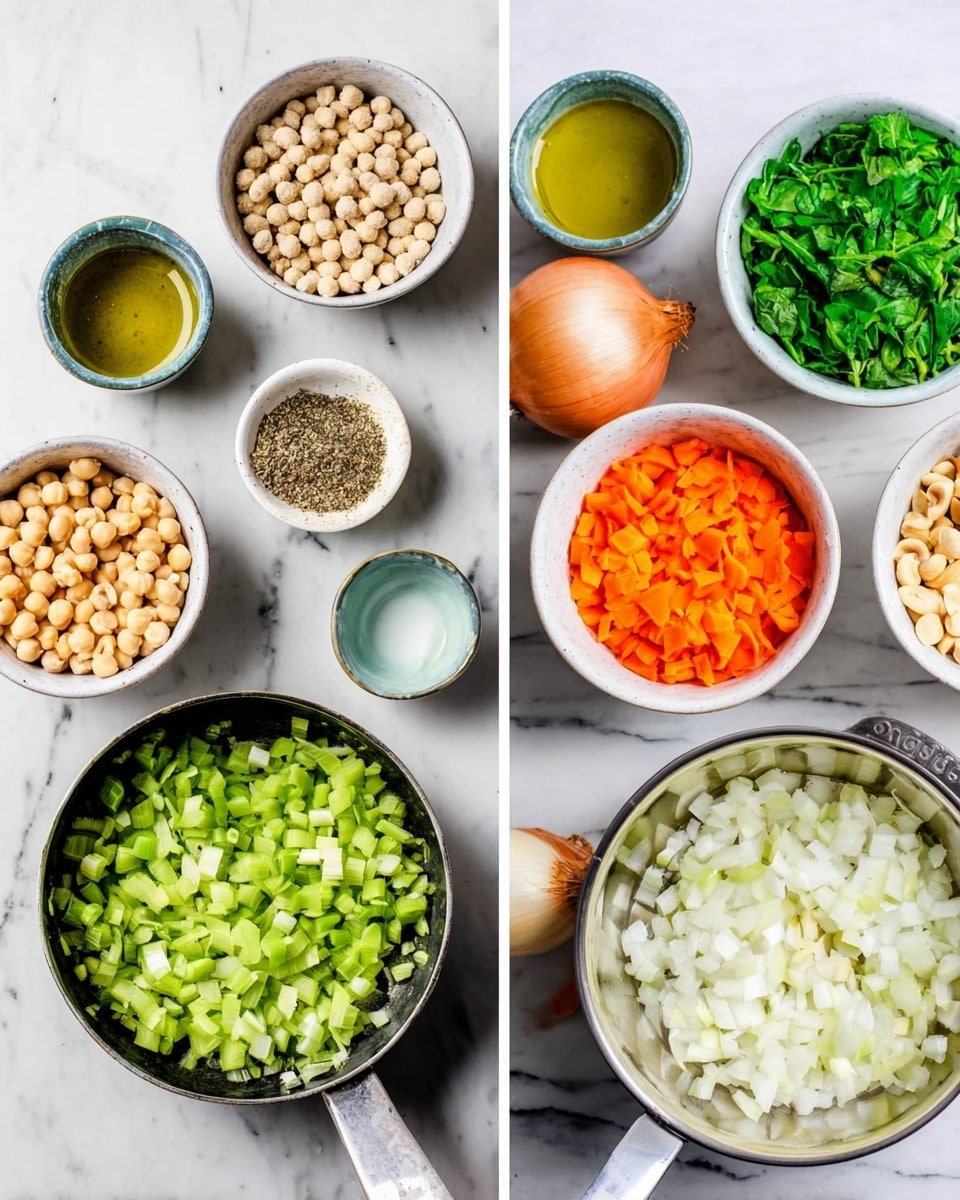 The first image shows many small white bowls on a white marbled surface, each bowl with different ingredients: one has round oat puffs, another has chopped celery in bright green, a third has finely shredded carrots in orange, a fourth contains chopped nuts in light tan, and there are other bowls with green leafy spinach, white yogurt, olive oil, and ground black pepper. A whole shallot and a small glass of clear oil are also present. The second image shows a silver pan on a white marbled surface with three layers inside: finely chopped green celery at the top, chopped white onions in the middle, and minced garlic on the side, all clearly separated. The photo looks natural and bright, photo taken with an iphone --ar 4:5 --v 7