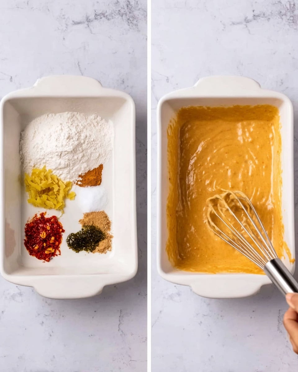 The image set shows two white square dishes on a white marbled surface side by side. The left dish contains six different ingredients arranged separately: a mound of white flour, a pile of finely chopped yellow ginger, a dollop of red chili paste, a portion of dark green spice paste, a small heap of brown sugar, and some white granulated sugar. The right dish shows all these ingredients mixed together into a thick, smooth light orange batter being stirred with a whisk, held by a woman's hand. Photo taken with an iphone --ar 4:5 --v 7