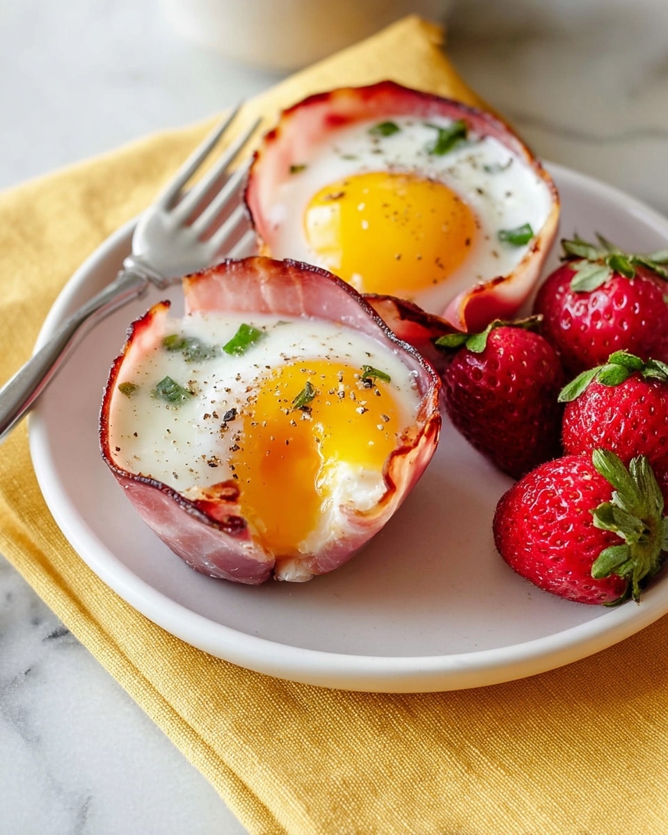 A white plate on a white marbled surface holds two baked egg cups made of a layer of pink ham wrapping around cooked white eggs with bright yellow yolks, sprinkled lightly with black pepper and some green herbs inside one of the eggs for color contrast. Next to the egg cups are four fresh red strawberries with green tops. The plate sits on a yellow cloth, and the photo is taken with an iphone --ar 4:5 --v 7