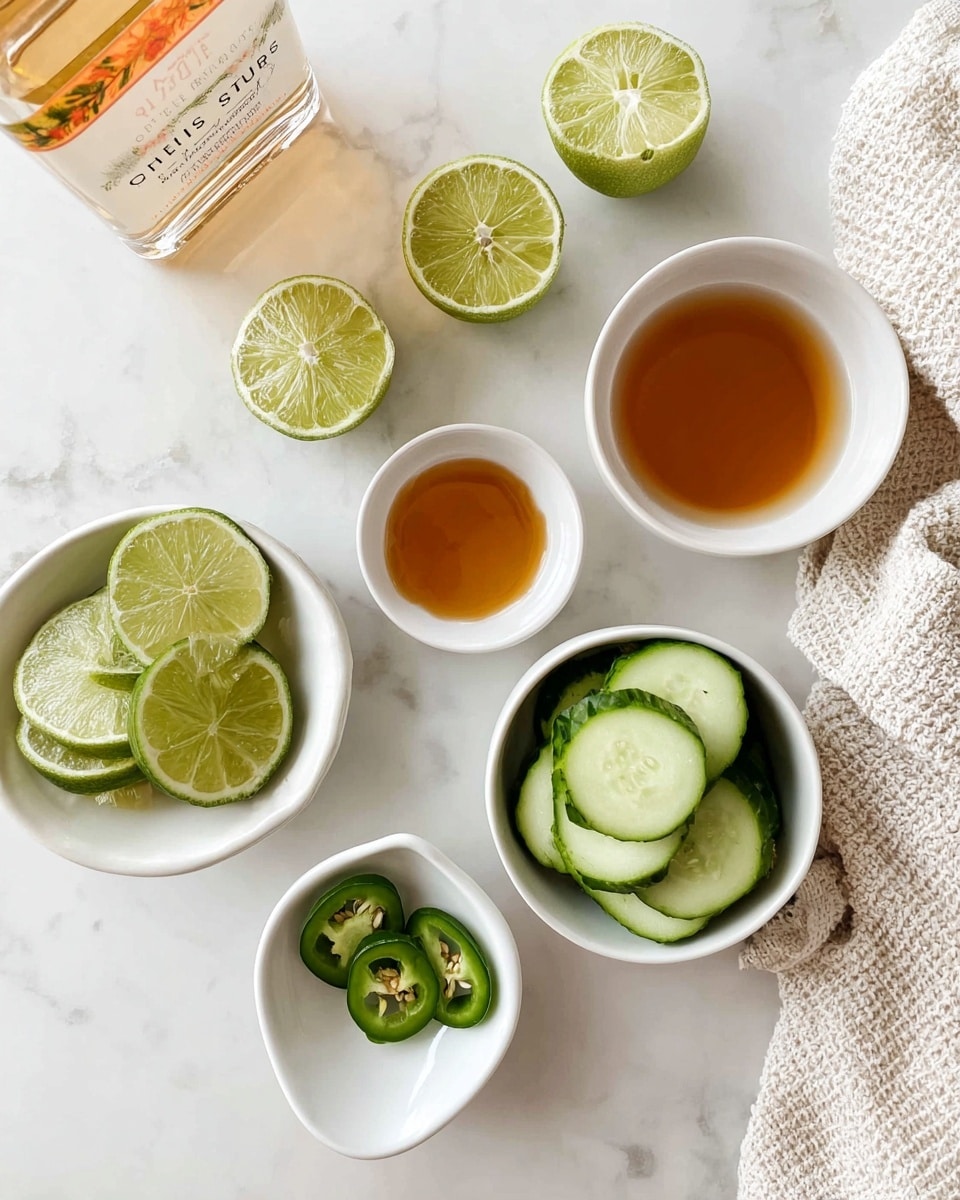 A top view of a white marbled surface with six white dishes arranged in a loose circle. In the top left, a bottle of pale yellow Valencia orange tequila leans diagonally. Next to it, a round white bowl holds six lime wedges showing their light green and yellow inside with some white pith. To the top right, a small white bowl contains a light amber liquid. In the center, a round white bowl holds a dark amber liquid. At bottom left, a white dish with three bright green jalapeño slices showing seeds inside. Finally, at the bottom right, a white bowl shaped like a half-circle is filled with thick cucumber slices showing their pale green inside and dark green skin. A textured off-white cloth is partially visible in the top right corner. Photo taken with an iphone --ar 4:5 --v 7