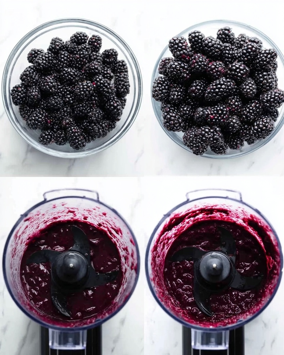 The images show a step-by-step of blackberries being prepared. The first image has a clear bowl full of fresh, dark purple blackberries with a bumpy texture. The second image shows the blackberries placed inside a clear food processor bowl with black blades visible in the center. The third image shows the inside of the food processor after the blackberries have been blended into a thick, deep purple puree with some small bits still visible. The food processor bowl is clear, and the blades are coated with the blackberry puree. All images are set on a white marbled background. Photo taken with an iphone --ar 4:5 --v 7