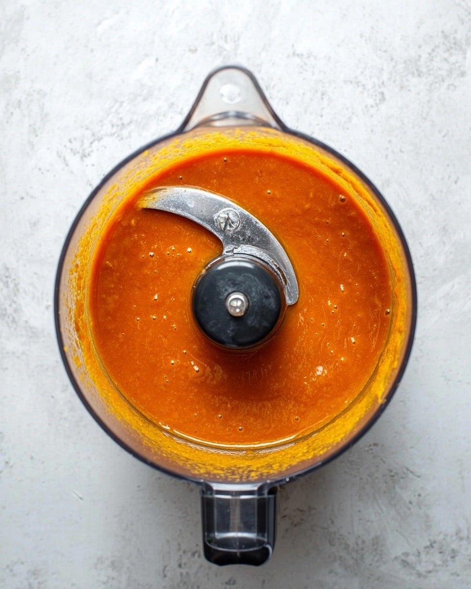 A top view of a clear food processor bowl containing a smooth, bright orange sauce with a glossy texture. The sauce almost fills the bowl with a thin layer of oil shining on the surface near the blade. The sharp metal blade is positioned in the center, partially covered in sauce. The background is a white marbled surface. photo taken with an iphone --ar 4:5 --v 7