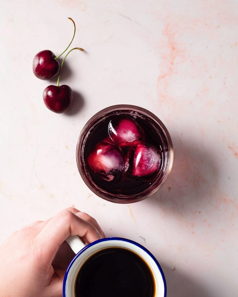 The image shows a clear glass cup with a dark red drink and two large ice cubes inside, placed on a white marbled surface. Near the top left corner, there are two dark red cherries with green stems lying on the surface. A woman's hand is holding a white cup with a blue rim filled with black coffee, positioned at the lower right corner, preparing to pour it into the glass. The background is clean and minimal, emphasizing the vibrant colors of the drink and cherries. Photo taken with an iphone --ar 4:5 --v 7