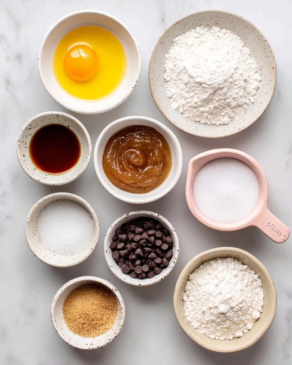 There are nine small white bowls arranged neatly on a white marbled surface. One bowl contains a bright yellow egg yolk with clear egg white around it. Another bowl has a light brown applesauce with a smooth texture, and next to it is a small bowl filled with dark amber vanilla liquid. There is a white plate holding small piles of white baking soda and salt. A simple beige bowl is full of white flour with a slightly rough surface. Small speckled white bowls hold white sugar and golden brown sugar with a crumbly texture. Another speckled bowl contains a small amount of white coconut oil. Finally, a pink measuring cup is filled with dark brown, round chocolate chips. Each item is clearly visible and separated, all on a clean white marbled background photo taken with an iphone --ar 4:5 --v 7