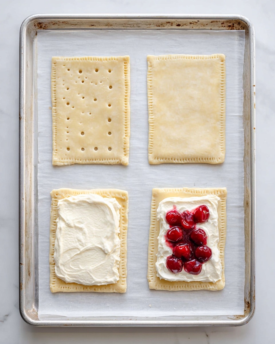 The image shows four square pieces of light beige pastry dough placed on a baking sheet lined with parchment paper. The top two pieces are plain, with the piece on the left having small fork holes scattered across its surface, while the right piece is smooth and unmarked. The bottom two pieces each have two layers: the base dough is similar light beige pastry. The piece on the left has a spread of white creamy filling evenly applied, occupying most of its surface. The bottom right piece has the same white creamy layer, topped with a cluster of bright red cherries with a glossy texture positioned in the center. The baking sheet is set on a white marbled background. photo taken with an iphone --ar 4:5 --v 7