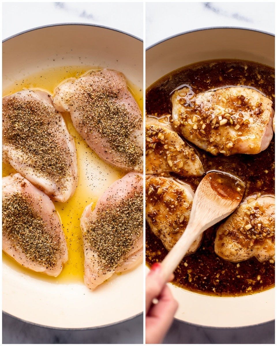 The left side shows four raw chicken pieces lightly sprinkled with black pepper placed flat in a white pan with a small layer of oil, giving a pale pink and yellow mix of colors. The right side shows the chicken cooked on one side, turning golden brown with visible pepper and garlic pieces on top, sitting in a dark brown sauce in the same white pan, while a woman's hand is stirring the sauce with a wooden spoon. The background is a white marbled surface photo taken with an iphone --ar 4:5 --v 7