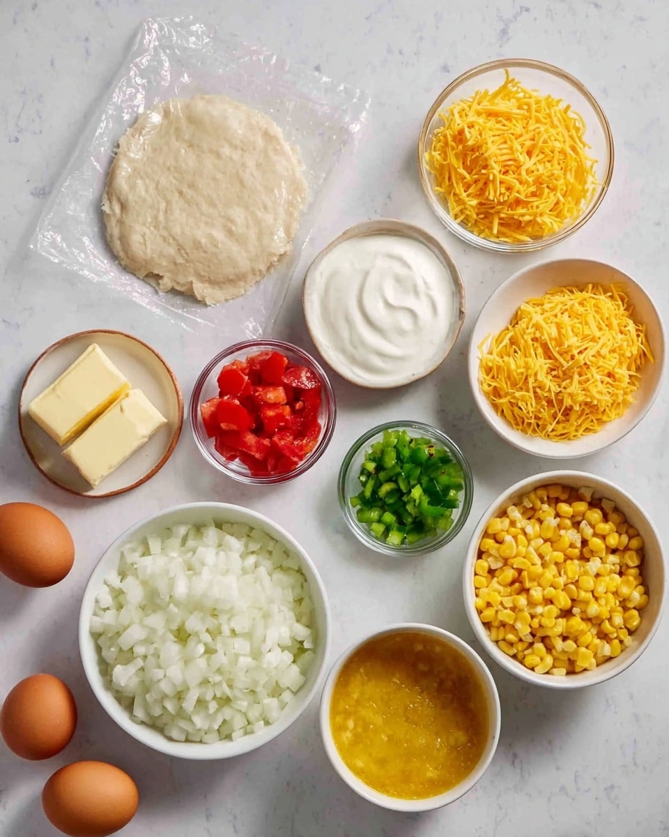 The image shows various small bowls and containers filled with different ingredients arranged on a white marbled surface. There is a clear plastic bag with flattened dough in the top left, a bowl of shredded yellow cheese below it, and a large bowl of white sour cream next to the cheese. Above the sour cream, a small bowl with two cubes of butter, a small bowl with red diced tomatoes, and a small bowl with green chopped peppers aligned from left to right are placed. Below the sour cream is a large bowl filled with white chopped onions, and next to the onions, a white bowl with cooked yellow corn. On the rightmost side, a white bowl contains a yellow mixture, possibly a sauce or mashed ingredient. In the bottom left corner, two brown eggs sit on a small white plate. Photo taken with an iphone --ar 4:5 --v 7