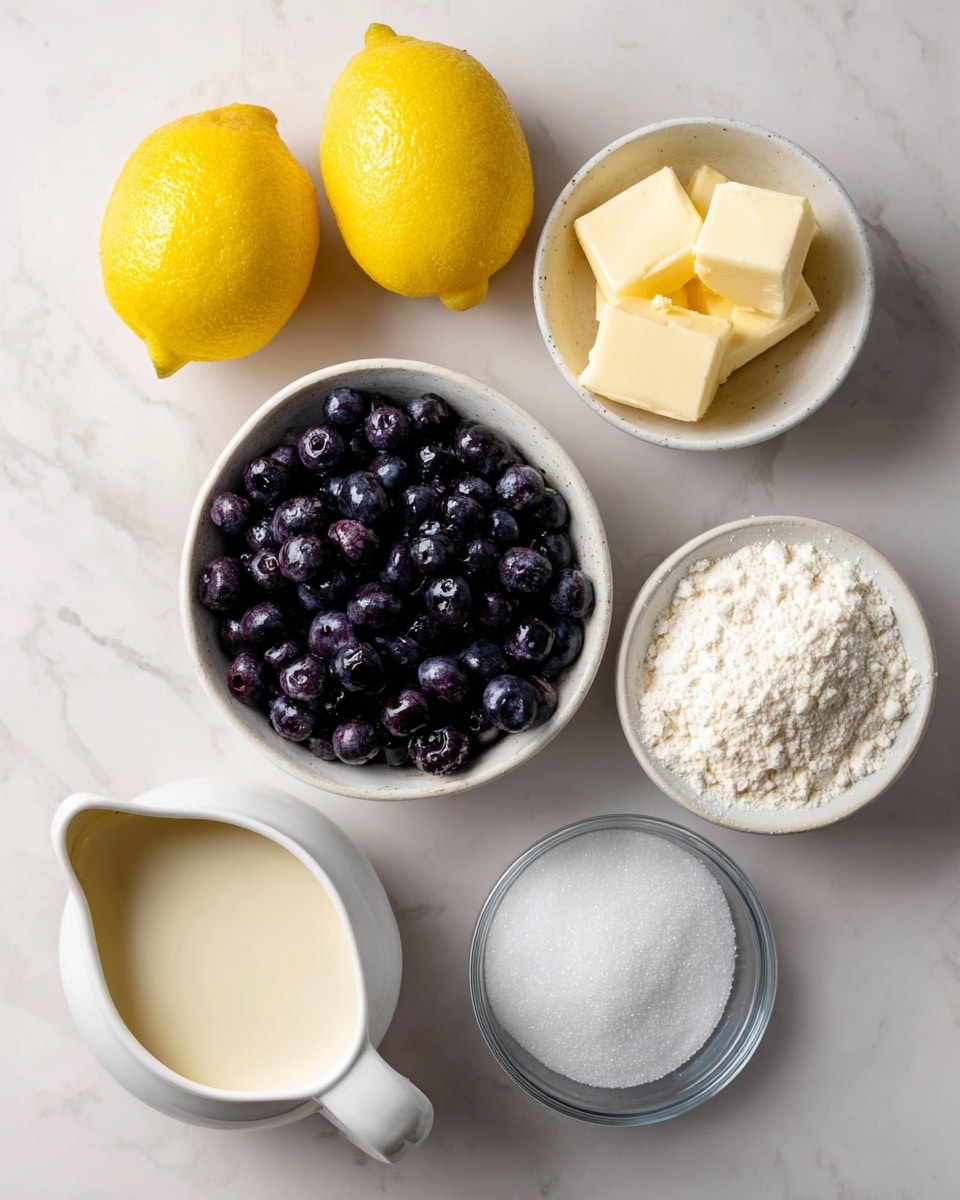 The image shows six ingredients placed on a white marbled surface: two bright yellow lemons with smooth texture on the top left, a small white bowl with soft pale yellow cubes of vegan butter on the top right, a white bowl filled with dark purple-blue shiny blueberries to the right center, a small white bowl filled with a fluffy white powder of cornstarch in the center left, a small white jug filled with light beige non-dairy milk at the bottom left, and a clear glass bowl filled with white granulated sugar at the bottom center. Each ingredient is clearly separated with natural lighting highlighting their textures and colors photo taken with an iphone --ar 4:5 --v 7
