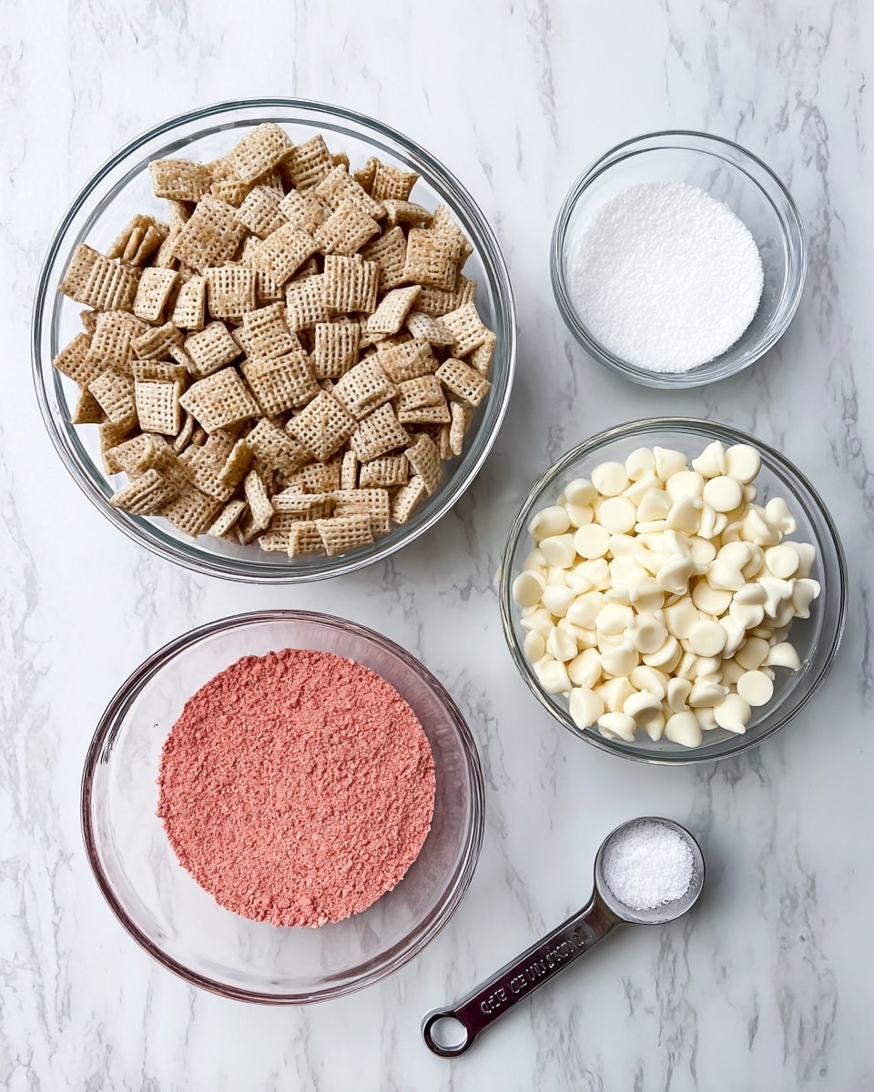 A top view of four clear glass bowls placed on a white marbled surface. The largest bowl on the left is filled with light brown Chex cereal squares with a woven texture. On the right side, moving from top to bottom, there is a small bowl with bright pink strawberry powder that has a fine, powdery texture, a tiny bowl of white confectioner’s sugar with a smooth and powdery surface, and a medium bowl filled with creamy white chocolate chips that are shiny and smooth, round-shaped pieces. A metal measuring spoon is next to the confectioner’s sugar bowl. photo taken with an iphone --ar 4:5 --v 7