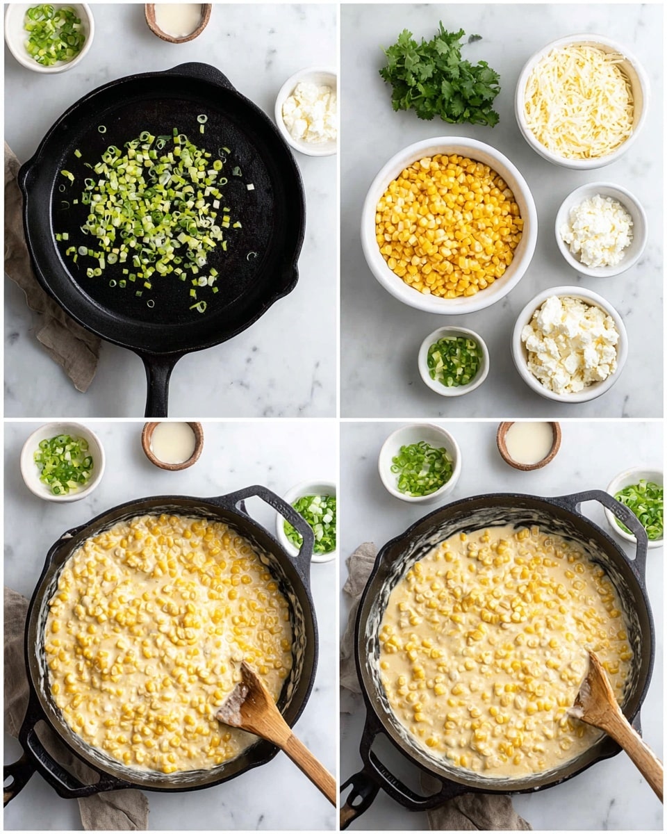 A black cast iron skillet sits on a white marbled surface in four stages of cooking creamy corn. In the first stage, the skillet has small green onion pieces sizzling in oil, with a white bowl of bright yellow corn kernels above it. The second stage shows the skillet filled with the corn coated in a thick creamy white sauce, surrounded by small white bowls with white cheese crumbles, chopped cilantro, and sliced green onions, along with a wooden spoon resting partially in the skillet. The third stage presents a close-up of the creamy corn mixture being stirred with a wooden spoon, highlighting the thick texture and soft yellow color, with the same bowls and ingredients around. The final stage shows the skillet filled evenly with the creamy corn topping, the smooth sauce lightly mixed with yellow corn, situated next to the same bowls of cheese, green onions, and cilantro, all arranged on the white marbled surface photo taken with an iphone --ar 4:5 --v 7