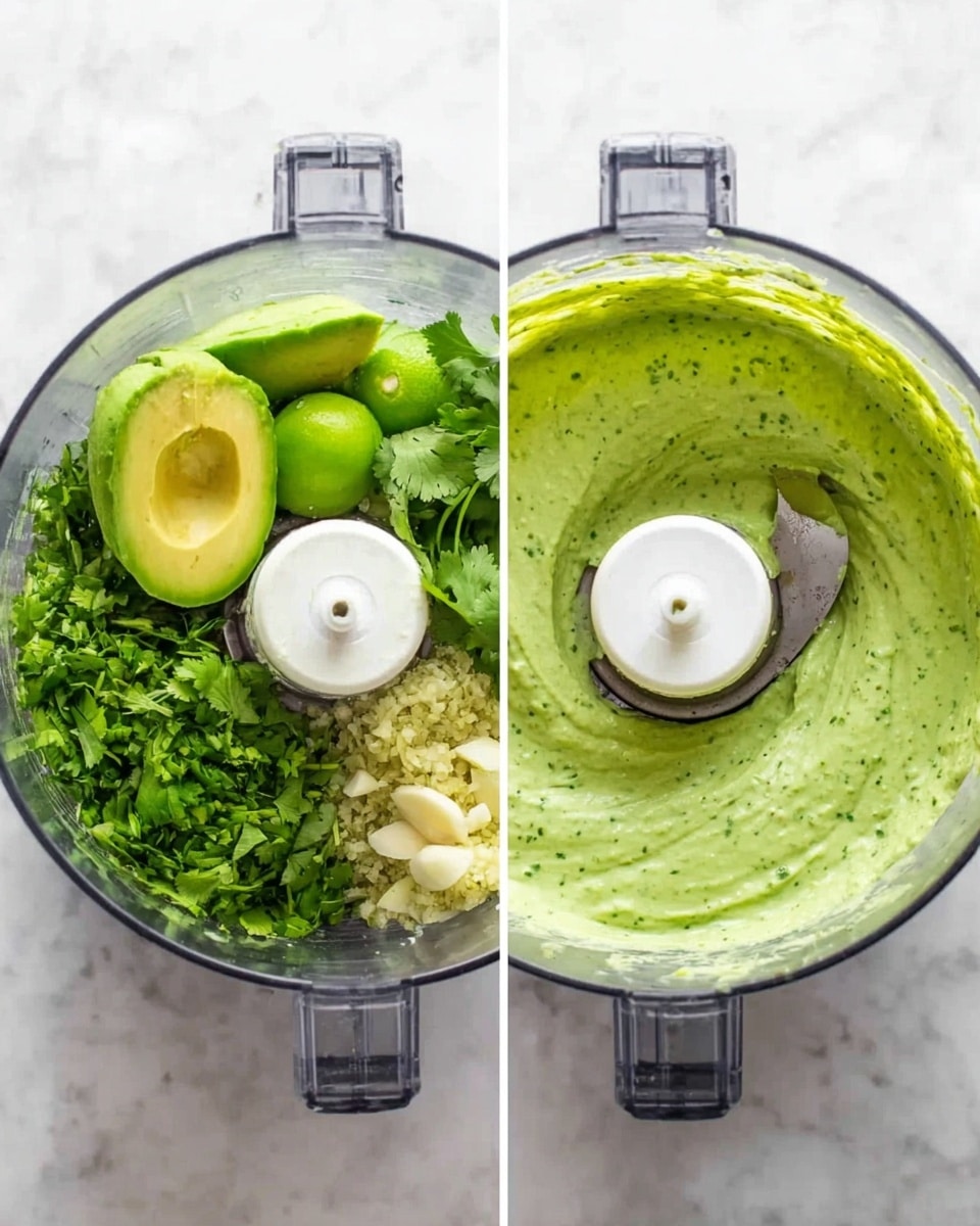 The image shows two side-by-side photos of a food processor on a white marbled surface. In the left photo, whole and chopped ingredients including bright green avocado halves, fresh green cilantro, and light yellow minced garlic fill the clear bowl of the processor. The right photo shows the same bowl after blending, filled with a smooth, light green creamy mixture that has a slightly textured surface, with flecks of darker green herbs visible throughout. A white plastic blade sits in the center of the bowl in both images. Photo taken with an iphone --ar 4:5 --v 7