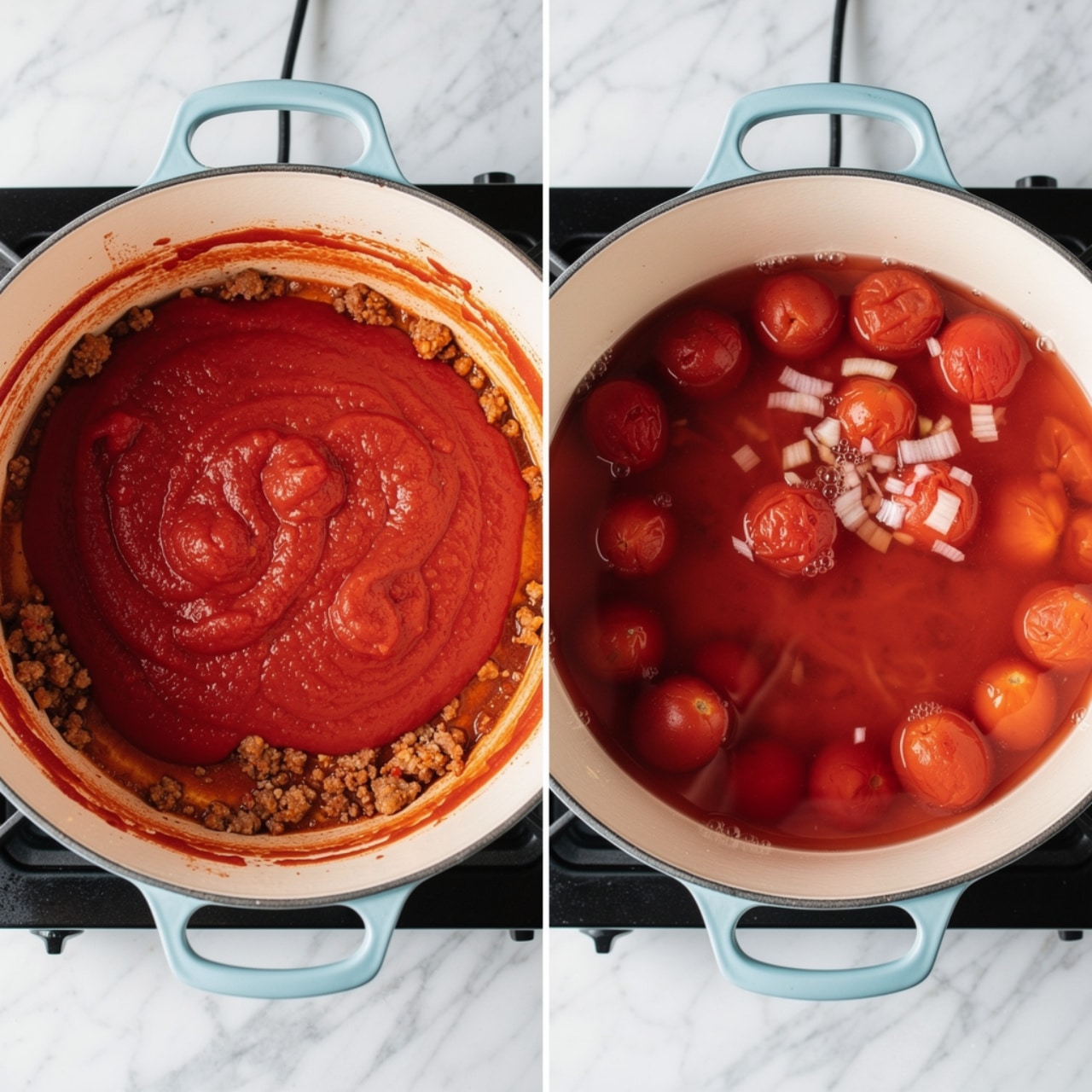 The image shows two views of a large white pot with light blue handles on a stove over a white marbled surface. The left side has a pot filled mostly with a thick bright red tomato sauce covering a browned layer of cooked small bits at the bottom and edges. The sauce has chunky whole peeled tomatoes visible on the surface. On the right side, the same pot shows the sauce after some clear red liquid broth or water has been added, making it thinner and showing pieces of onion floating on top with the whole tomatoes still present. The pot’s interior is clean white, and the stove burner is black. photo taken with an iphone --ar 4:5 --v 7