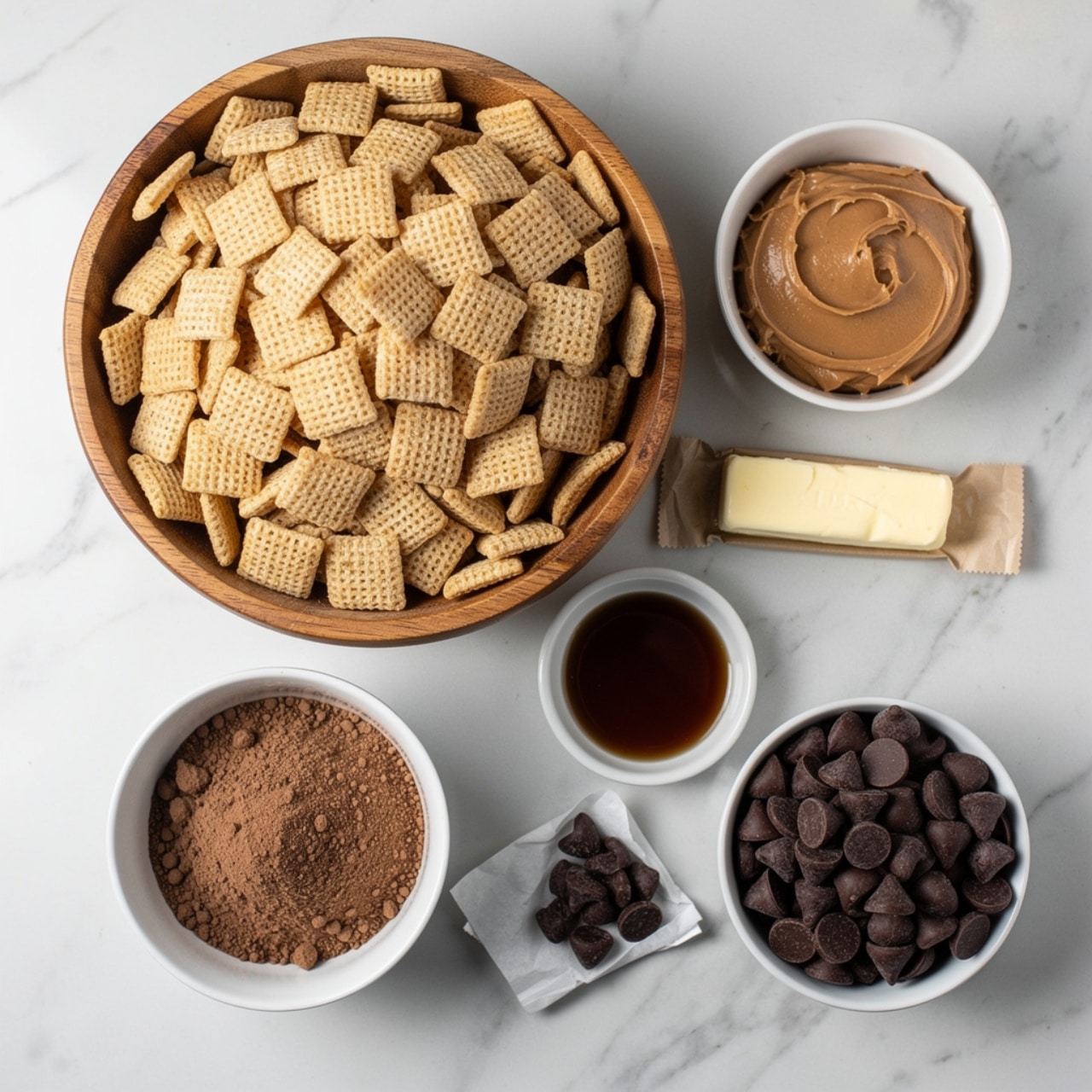 The image shows six separate ingredients arranged neatly on a white marbled surface: a large wooden bowl filled to the top with light tan Rice Chex cereal, a small white bowl with creamy peanut butter that is smooth and light brown, another small white bowl of dark brown vanilla liquid, a stick of salted butter wrapped with a beige paper label, a white bowl filled with fine brown brownie mix powder, and another white bowl full of dark chocolate chips that are shiny and rounded. Each item is spaced out and clearly visible, giving an orderly and clean look. Photo taken with an iphone --ar 4:5 --v 7