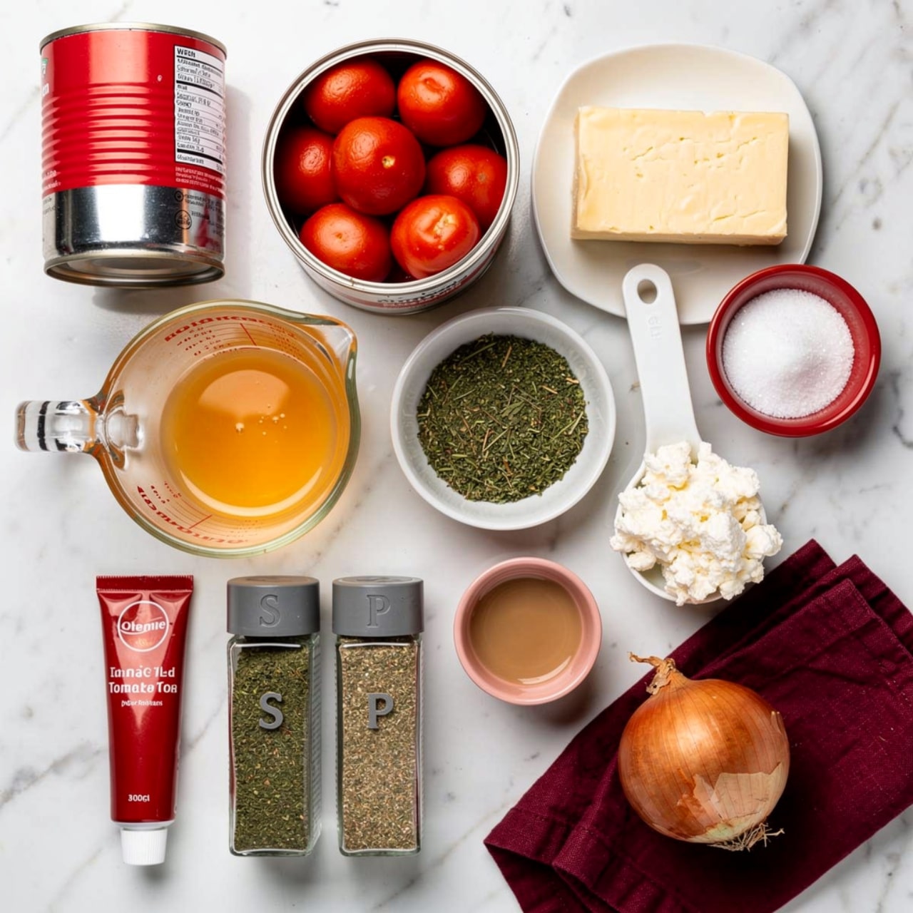 The image shows an overhead view of cooking ingredients on a white marbled surface. At the top center, there is an open can filled with whole peeled bright red tomatoes, next to a closed can with a red and silver label. Below them, slightly to the left, is a clear glass measuring cup filled with orange-yellow liquid. To the right, there is a small white bowl holding a beige block of cheese, and next to it, a small red bowl with white salt. Below these, a small white bowl contains dried green herbs, and to its right, a white measuring spoon holds small white cottage cheese curds. At the bottom right side sits a whole brown onion with its skin on, next to a folded dark red cloth. To the bottom left, there is a red tube of tomato paste, and near it, three small spice shakers arranged vertically with gray tops labeled S, P, and another letter. In the center bottom, a small pink cup holds a light brown liquid. The colors are bright and natural, and the setup has a clean and organized look. Photo taken with an iphone --ar 4:5 --v 7