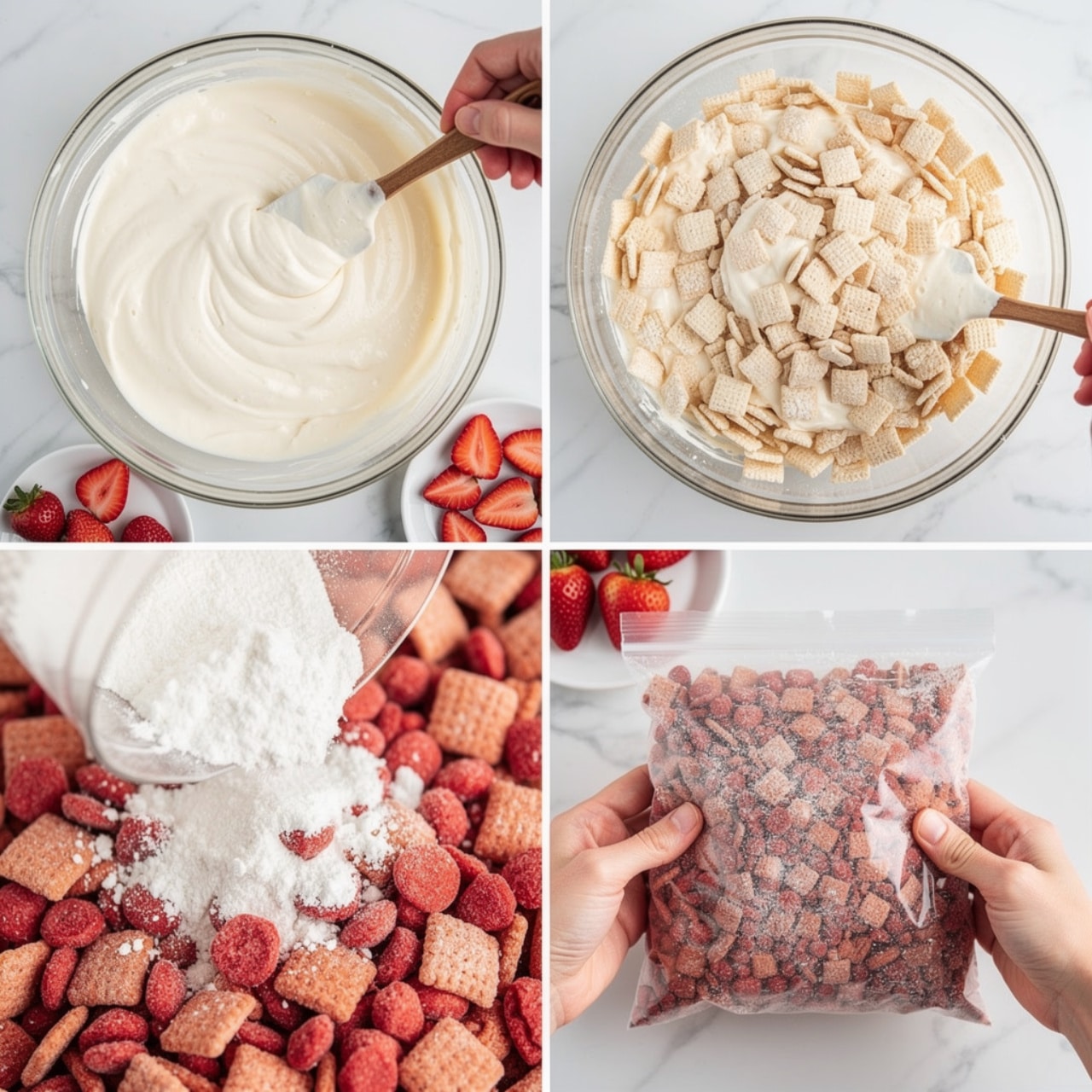 The image shows a step-by-step process of making a snack mix with four parts: top left is a clear glass bowl with smooth, creamy white melted substance being stirred by a woman's hand using a spatula, with sliced red strawberries on a small white plate next to it; top right is a close-up of a clear bowl filled with light beige, crispy cereal squares coated lightly by the creamy mixture with the spatula visible; bottom left is a close-up of a clear plastic bag with dry white powder being added over red freeze-dried strawberries and cereal; bottom right features a woman's hands holding the closed clear bag with the red cereal pieces inside, coated lightly with white powder, against a white marbled surface, with whole strawberries on a small white plate in the background photo taken with an iphone --ar 4:5 --v 7