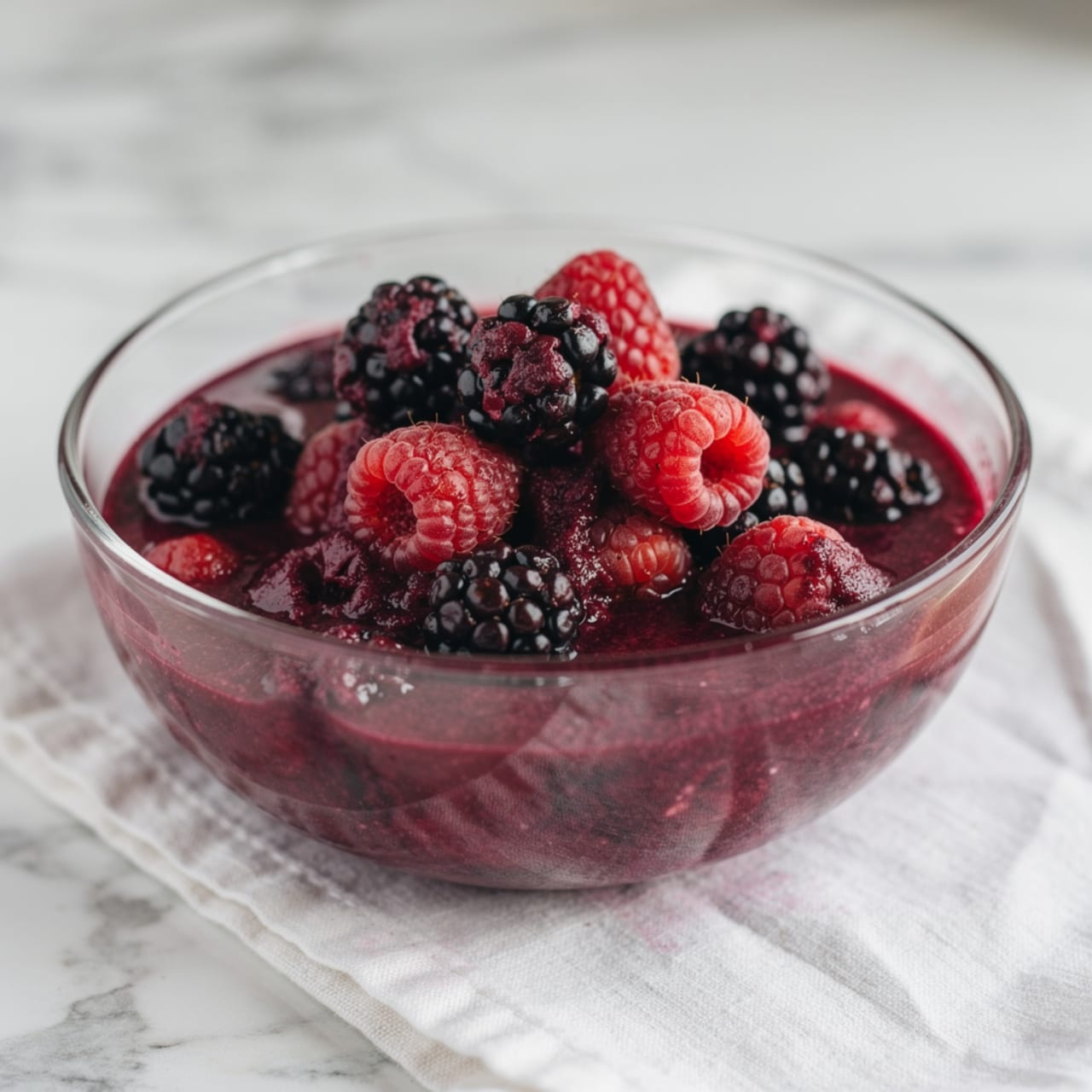 The image shows a clear glass bowl filled with a thick mix of berries in dark red and purple colors. The mixture has whole and slightly mashed blackberries and raspberries scattered through it, with juicy textures that shine under soft light. The bowl sits on a white marbled surface with a light-colored cloth partly visible under it. The rich berry sauce forms the bottom layer, with larger pieces of fruit sitting on top. photo taken with an iphone --ar 4:5 --v 7