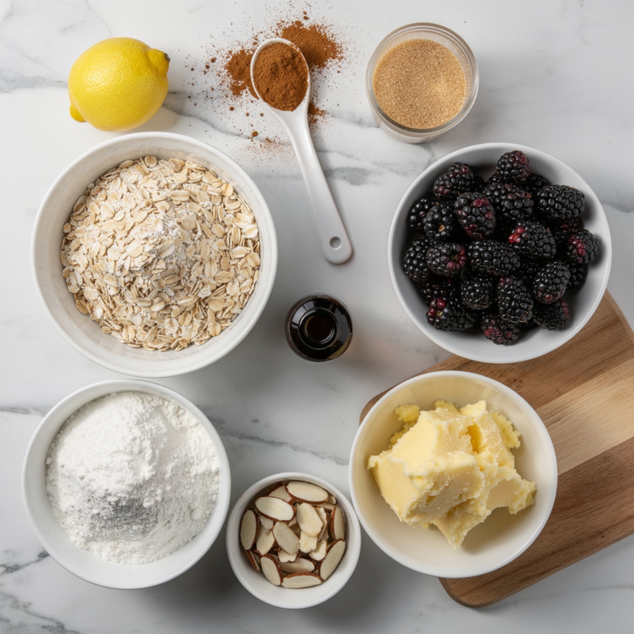 The image shows a top view of various baking ingredients laid out on a wooden surface. There is a white bowl with rolled oats at the top left, next to a white ceramic spoon filled with a brownish-orange powder, likely cinnamon. To the right is a white bowl filled with dark, shiny blackberries. Below the oats, there is a white bowl with white flour, while on the lower right, there is a white bowl containing grated butter. Near the bottom left are sliced almonds in a smaller white bowl. A lemon is placed at the top left corner, a small dark bottle near the center, and a clear container with light brown sugar on the upper right completes the arrangement, all set on a white marbled surface. photo taken with an iphone --ar 4:5 --v 7