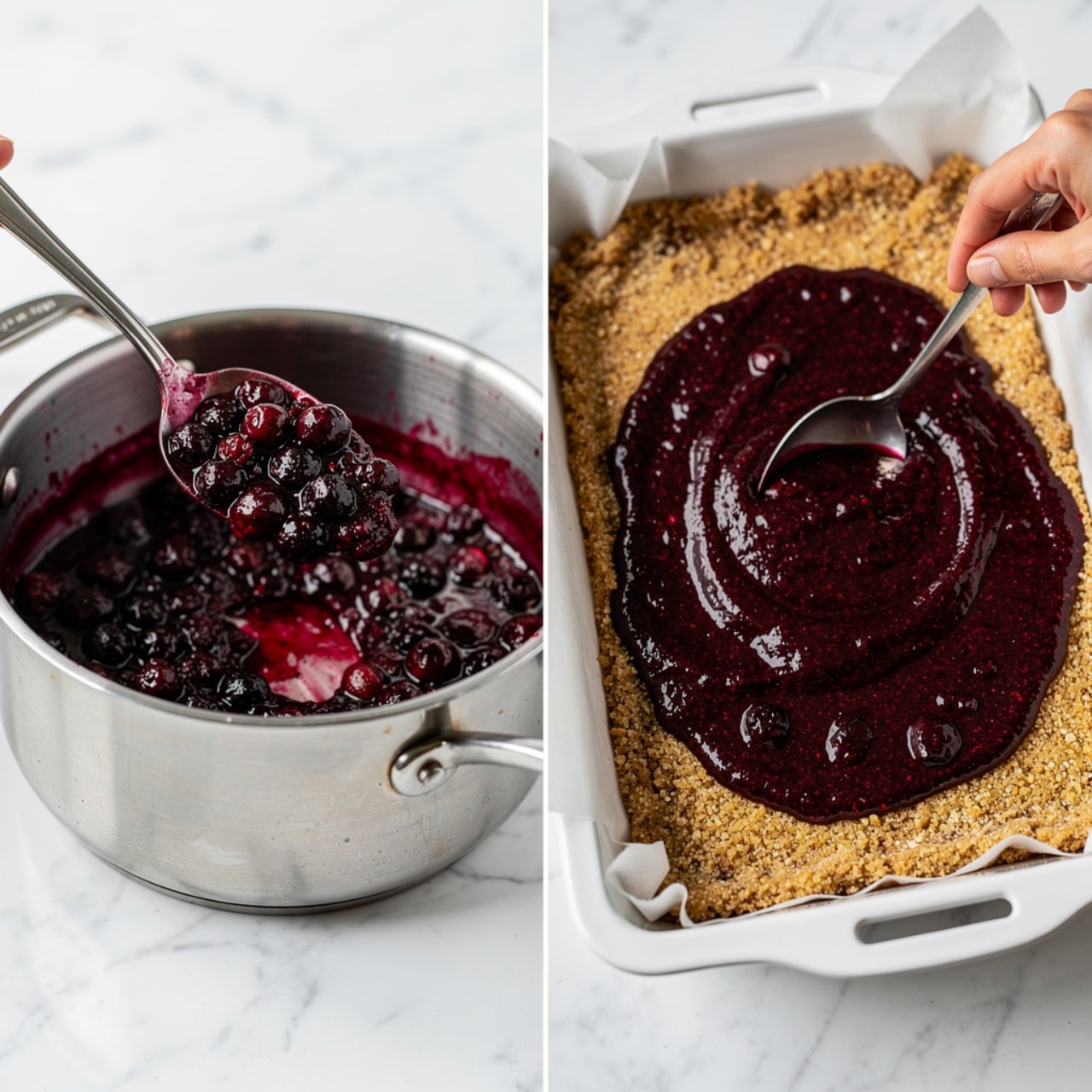 The image shows two parts: on the left, a close-up of a silver pot filled with shiny, dark red berry jam with whole berries visible, a metal spoon lifting the jam, showing its thick chunky texture; on the right, a white baking pan with parchment paper holds a golden brown, rough-textured base, while a woman's hand spreads the same dark red, glossy jam over it with a spoon. The background is a white marbled texture photo taken with an iphone --ar 4:5 --v 7